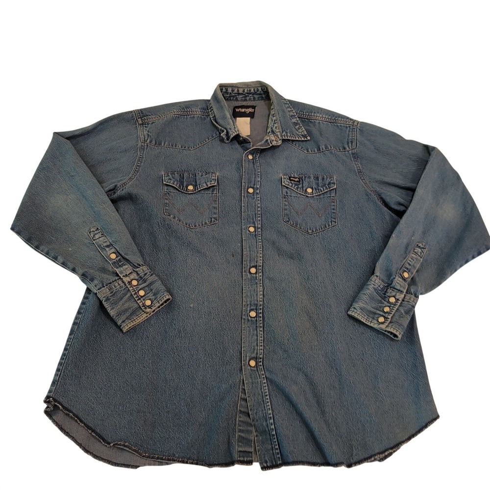 Vintage Wrangler Denim Pearl Snap Button Shirt Men's XXL Blue Western Chambray